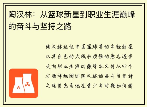 陶汉林：从篮球新星到职业生涯巅峰的奋斗与坚持之路